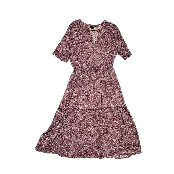 WHO WHAT WEAR Dresses & Skirts - WhoWhatWear Womens Prairie Smocked Maroon Floral Tiered Dress M 48" Cottagecore